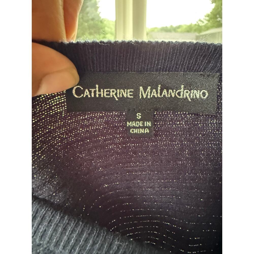 Navy Rib Knit V Neck Sweater Snap Button Sleeve Catherine Malandrino Small - Picture 2 of 6